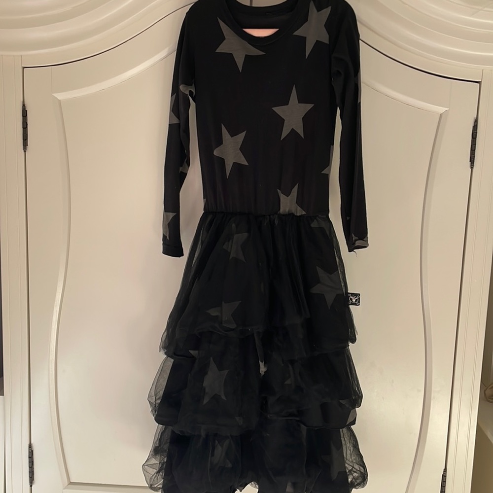 Nununu black star dress with tulle, size 4-5. new